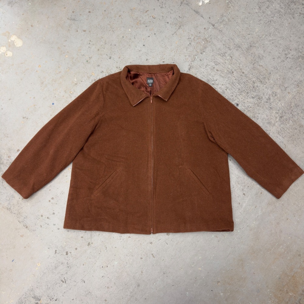 Eileen Fisher Orange Brown 100% Wool Full Zip Jacket Size 3X Italian Fabric